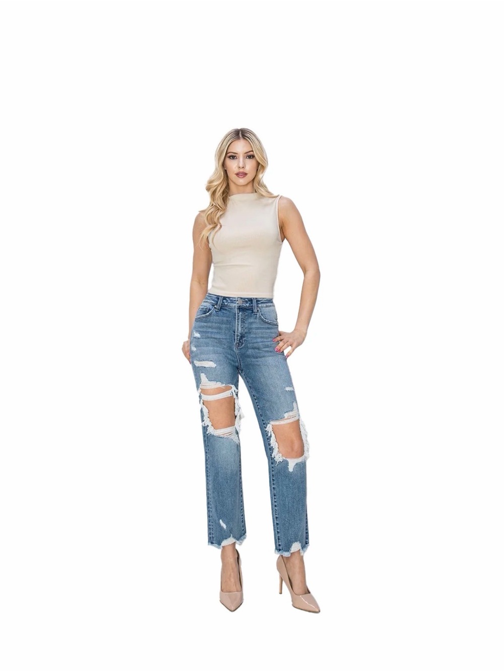 RISEN Womens High Rise Distressed Raw Hem Straight Jeans Size 15/32